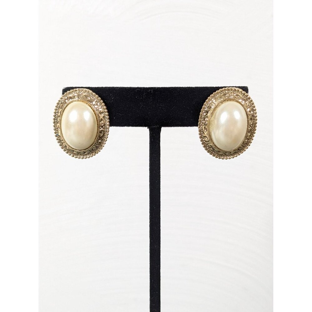 Vintage 1928 Cream Oval Faux Pearl Cabochon Halo Classic Earrings Pierced